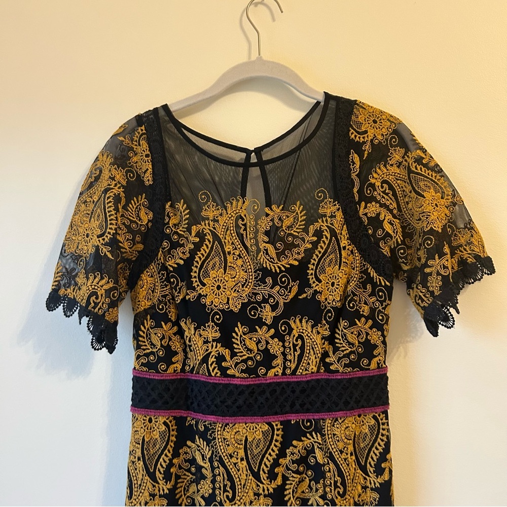 Anthropologie Black & Mustard Floral Lace Midi Dress with Pink Accents - Picture 8 of 10